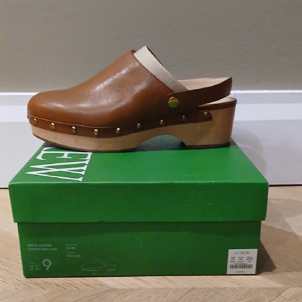 J. Crew Tan Brown Leather Studded Clog Mules